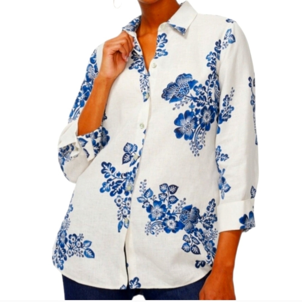 Chico's Linen 3/4 Sleeve Floral Shirt Top No Iron Blue White Button Up Size 14